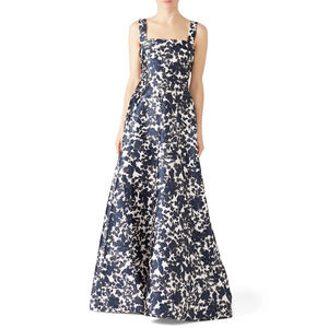 ML Monique Lhuillier Open Back Bow Floral Gown Navy and White Women's Size 2